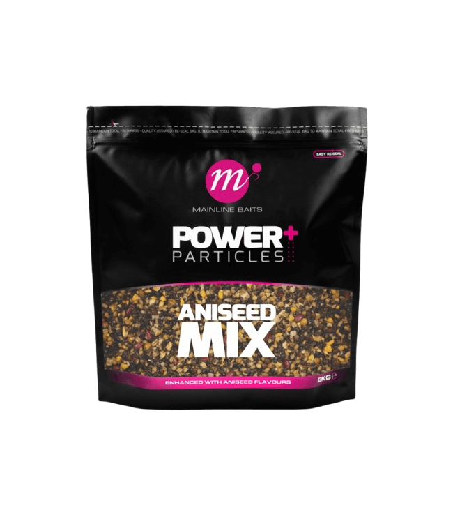 Mainline Power+ Ani-Seed Mix 2 kg, ideal for carpfishing with enhanced anise flavors and fine particles.