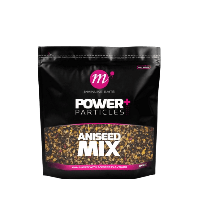 Mainline Power+ Ani-Seed Mix 2 kg, ideal for carpfishing with enhanced anise flavors and fine particles.