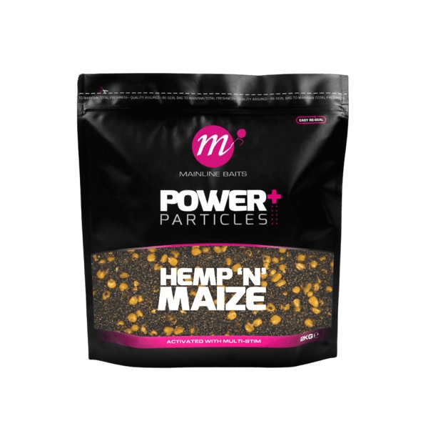 Mainline Power+ Hemp 'N' Maize 2kg fishing bait, enriched with Multi-Stim for effective carpfishing attraction.