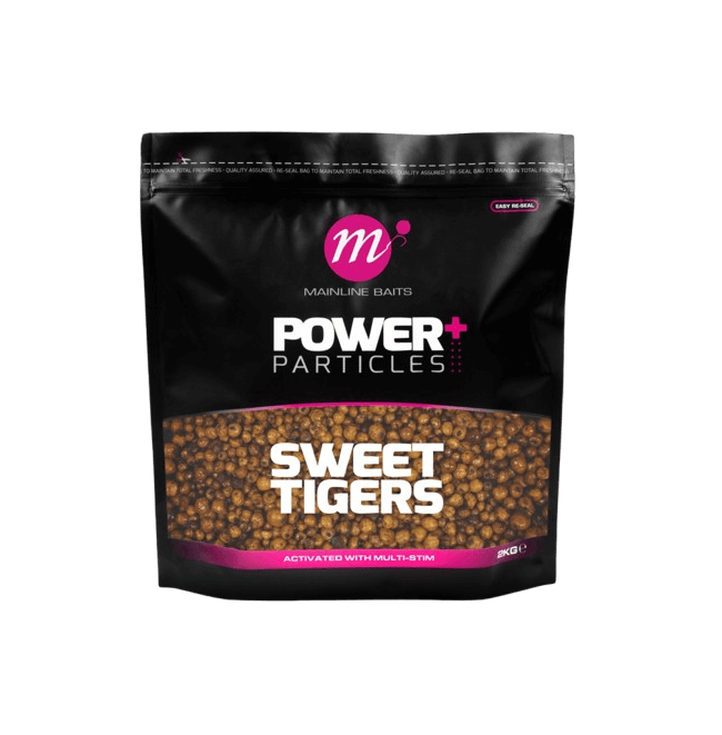 Mainline Power+ Sweet Tigers 2 kg mix for carpfishing, enriched with Multi-Stim for enhanced attraction.