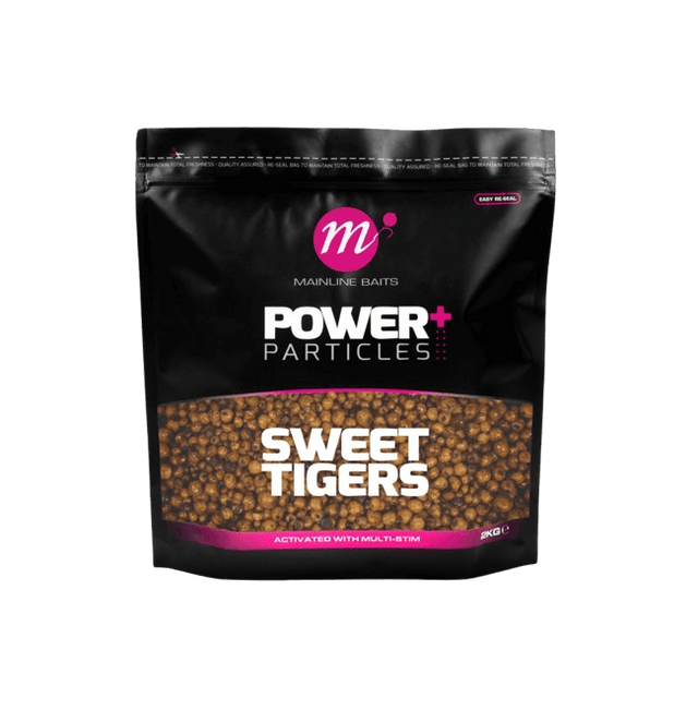 Mainline Power+ Sweet Tigers 2 kg mix for carpfishing, enriched with Multi-Stim for enhanced attraction.