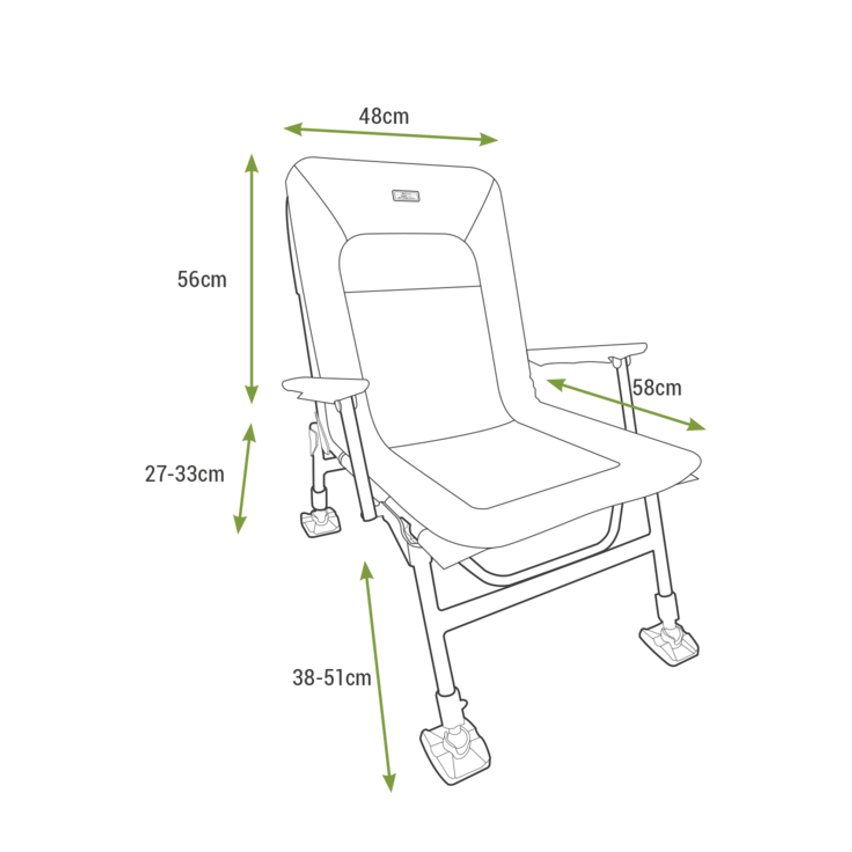 Dimensiones de la silla Korum Supa Lite Stretch Deluxe para carpfishing, mostrando altura y ancho.